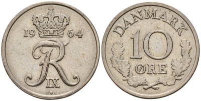 Дания 10 эре 1964 C; S, Фредерик IX (1947-1972) KM 849.1 медно-никель 4189-928