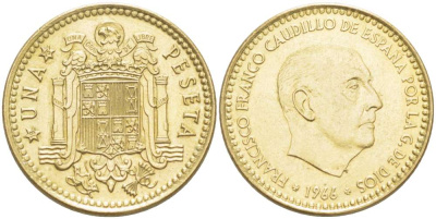 Испания 1 песета 1966 (75) Франциско Франко (1939-1975) КМ 796 алюминиевая бронза 4519-917