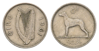 Ирландия 6 пенсов 1961 собака, ирландский волкодав KM 13a медно-никель 4696-526