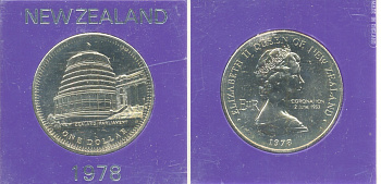 Новая Зеландия 1 доллар 1978 25 лет коронации Елизаветы II и открытие здания Парламента, Елизавета II (1952-2022), в оригинальной пластиковой упаковке KM 47 медно-никель UNC 06-059-10
