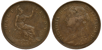 Великобритания 1/2 пенни 1881 Виктория (1837-1901) KM 754, Spink 3956 бронза 106-743
