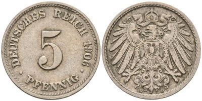 Германия 5 пфеннигов 1906 D KM 11, J. 12 медно-никель 4151-454