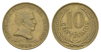 Уругвай 10 сентесимо 1960 KM 39 никель латунь 4620-246