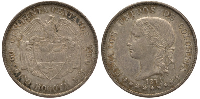 Колумбия 50 сентаво 1874 монетный двор Богота, Соединенные штаты Колумбии, маленький текст KM 177.1 серебро 00-803-61