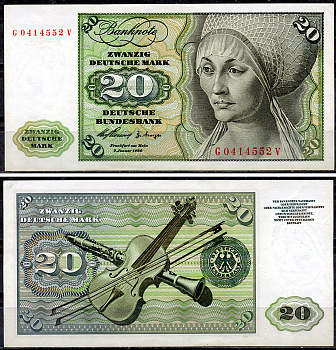 ФРГ 20 марок 1960 Эльсбет Тухер (Альбрехт Дюрер), скрипка, кларнет Pick 20 a  бумага  aUNC 451-915-1