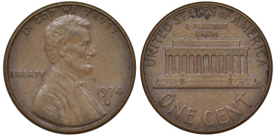 США 1 ЦЕНТ 1974 D, ЛИНКОЛЬН KM 201 медь цинк 62-414