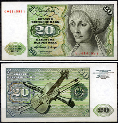 ФРГ 20 марок 1960 Эльсбет Тухер (Альбрехт Дюрер), скрипка, кларнет Pick 20 a  бумага  aUNC 451-915-1