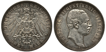 Саксония 3 марки 1910 E, Фридрих Август III (1904-1918) Weege 132, J. 135, KM 1267 серебро 3711-1334