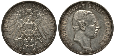 Саксония 3 марки 1910 E, Фридрих Август III (1904-1918) Weege 132, J. 135, KM 1267 серебро 3711-1334