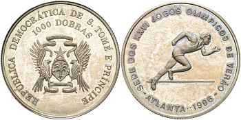 Сан-Томе и Принсипи 1000 добра 1996 XXVI Олимпийские игры 1996 года в Атланте, бег KM 59 медно-никель PROOF 00-00
