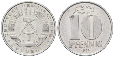 ГДР 10 пфеннигов 1965 A KM 10 алюминий 201-815
