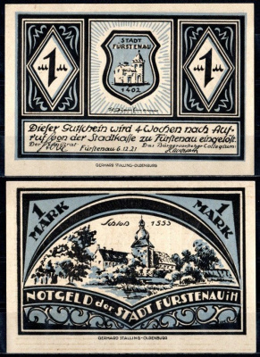 Фюрстенау (Пруссия, Ганновер) 1 марка 1921 Mehl Grabowski 400.1-4/4 бумага UNC (пресс) 7555-55-4-1