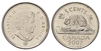 Канада 5 центов 2007 Leaf, Елизавета II (1952-2022), бобр KM 491 сталь плакированная никелем UNC 4689-467