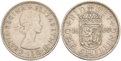 Великобритания 1 шиллинг 1960 Елизавета II (1952-2022), Шотландский герб KM 905, Spink 4148 медно-никель 4556-636