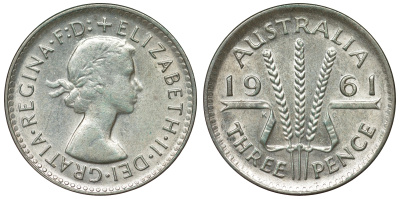 Австралия 3 пенса 1961 m, Елизавета II (1952-2022) KM 57 серебро 71-733