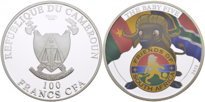 КАМЕРУН 100 ФРАНКОВ 2010 СЕРИЯ ДЕТЕНЫШИ БОЛЬШОЙ ПЯТЕРКИ, БУЙВОЛ, ЭМАЛЬ, ТИРАЖ 1000 ЭКЗ. KM NEW медь плакированная серебром 00-000-00