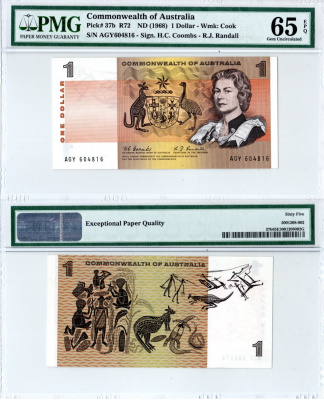 Австралия 1 доллар ND (1968) в холдере PMG 65, серия AGY Елизавета II (1952-2022), картины аборигенов Pick 37 b бумага 452-3-06