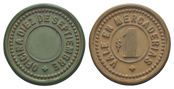 Чили, десятое сентября (Diez De Septiembre), Пинтадос (Pintados) шахтерский жетон с Селитряного рудника для покупки в местных магазинах, номиналом в 1 песо 1880-1920 диаметр 35 мм, вес 4,62 гр Espinosa 96.5 эбонит (зеленый и охра) 01-235-13