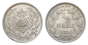 Германия 1/2 марки 1919 D KM 17, J. 16 серебро aUNC 3896-913
