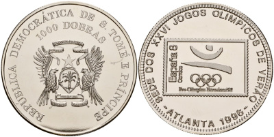 Сан-Томе и Принсипи 1000 добра 1996 100 лет Олимпийским играм, Барселона 1992 KM 121 медно-никель UNC 11-084-45