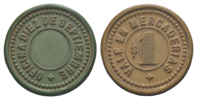 Чили, десятое сентября (Diez De Septiembre), Пинтадос (Pintados) шахтерский жетон с Селитряного рудника для покупки в местных магазинах, номиналом в 1 песо 1880-1920 диаметр 35 мм, вес 4,62 гр Espinosa 96.5 эбонит (зеленый и охра) 01-235-13