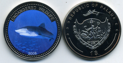 Палау 1 доллар 2008 серия вымирающие виды, синяя акула, цветная эмаль KM 201 медно-никель PROOF M39-1
