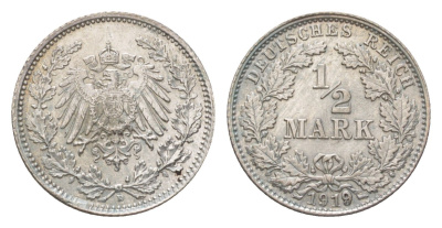 Германия 1/2 марки 1919 D KM 17, J. 16 серебро aUNC 3896-913