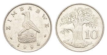 Зимбабве 10 центов 1994 птица-идол, баобаб KM 3 медно-никель aUNC 4651-861