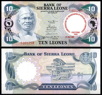 Сьерра-Леоне 10 леоне 1980 Памятная надпечатка конференция ОАЕ во Фритауне Pick 13 бумага UNC (пресс) 451-1116-1