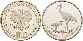 Польша 100 злотых 1982 серия охрана окружающей среды, аист в гнезде, пробный выпуск (PROBA) KM Pr 466 серебро PROOF 11-183-33