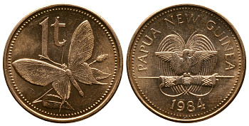 Папуа-Новая Гвинея 1 тойя 1984 бабочка KM 1 бронза UNC 261-512