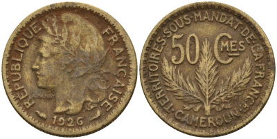 Камерун 50 сантимов 1926 (a), мондвор Париж KM 1 алюминиевая бронза 4169-1155