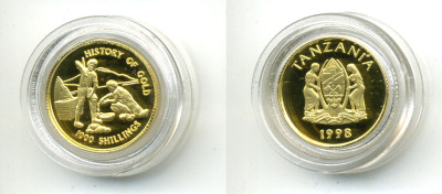 ТАНЗАНИЯ 1000 ШИЛЛИНГОВ 1998 ИСТОРИЯ ЗОЛОТА KM 60 золото PROOF 00-000-00