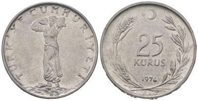 Турция 25 курушей 1974 Кемаль Ататюрк KM 892.3 нержавеющая сталь 4620-551