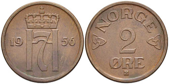 НОРВЕГИЯ 2 ЭРЕ 1956 ХОКОН VII (1905-1957) KM 399 бронза 119-925