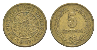 Парагвай 5 сентимо 1947 KM 21 алюминиевая бронза 4643-359