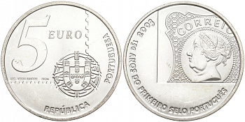 Португалия 5 евро 2003 150 летие первой Португальской марке KM 749 серебро UNC 69-316