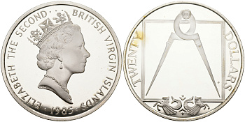 Британские Виргинские острова 20 долларов 1985 латунный циркуль KM 68 серебро  PROOF  1095-2-53