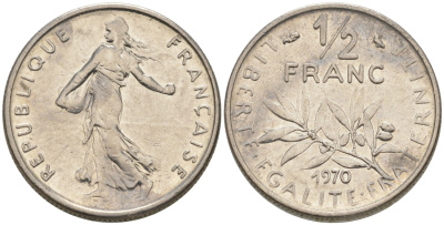 ФРАНЦИЯ 1/2 ФРАНКА 1970 KM 931.1 никель 187-119