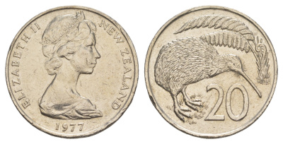 Новая Зеландия 20 центов 1977 Елизавета II (1952-2022), птичка киви KM 36 медно-никель 4683-131