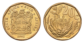 ЮАР 20 центов 1992 герб, цветок протея KM 136 сталь плакированная бронзой UNC 4694-822