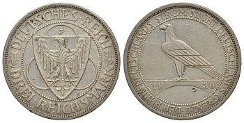 Германия 3 марки 1930 J, освобождение Рейнлянда J. 345, KM 70 серебро 413-532