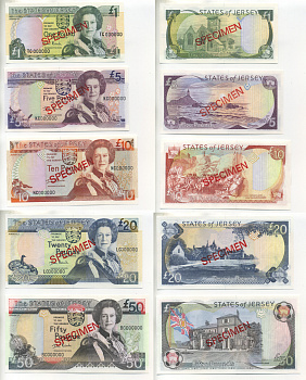 Джерси набор из 5 банкнот 2000 1, 5, 10, 20, 50 фунтов, Елизавета II (1952-2022), образец, SPECIMEN Pick 26s, 27s, 28s, 29s, 30s бумага UNC (пресс) 451-250-2