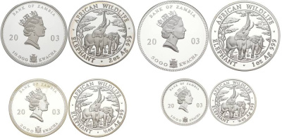 Замбия набор из 4 монет 2003 Дикая природа Африки 2003, слоны, 1000, 2000, 5000, 10000 квача (1/4 OZ, 1/2 OZ, 1 OZ, 2 OZ), в оригинальной деревянной коробке с сертификатом №0532, тираж 2000 экз. KM 183, 184, 185, 188 серебро PROOF 3-5-2-52