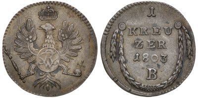 Бранденбург 1 крейцер 1803 B, Фридрих Вильгельм III (1797-1840) KM 18, Olding 163, AKS 147, Jaeger 204 медь 1531-1031