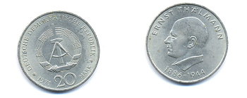 ГДР 20 марок 1971 A, 85 лет со дня рождения Эрнста Тельмана KM 34, J. 1535 медно-никель 3333-532