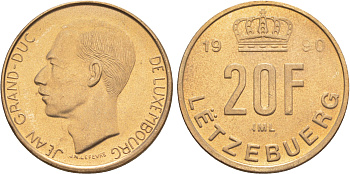 Люксембург 20 франков 1990 Великий герцог Жан (1964-2000), тираж 10.000 экземпляров KM 67 алюминиевая бронза  BU  4634-213