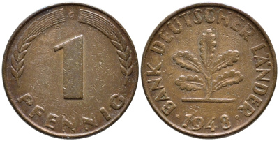 ФРГ 1 ПФЕННИГ 1948 G KM А101, J.376 сталь плакированная медью 4392-1015