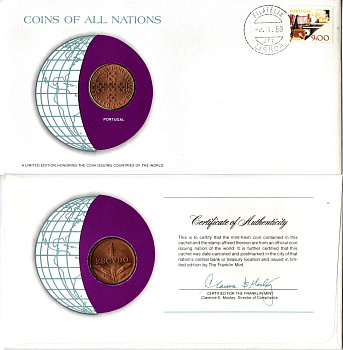 Португалия 1 эскудо 1979 конверт с маркой первого дня гашения, Coins of Nations KM 597 бронза UNC 4295-22-2