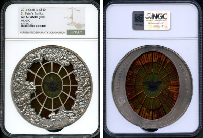 Острова Кука 40 долларов 2016 витраж Базилики Святого Петра, 10 унций, в слабе NGC MS 69 ANTIQUED, № 93/999  серебро  UNC  3-4-3-04